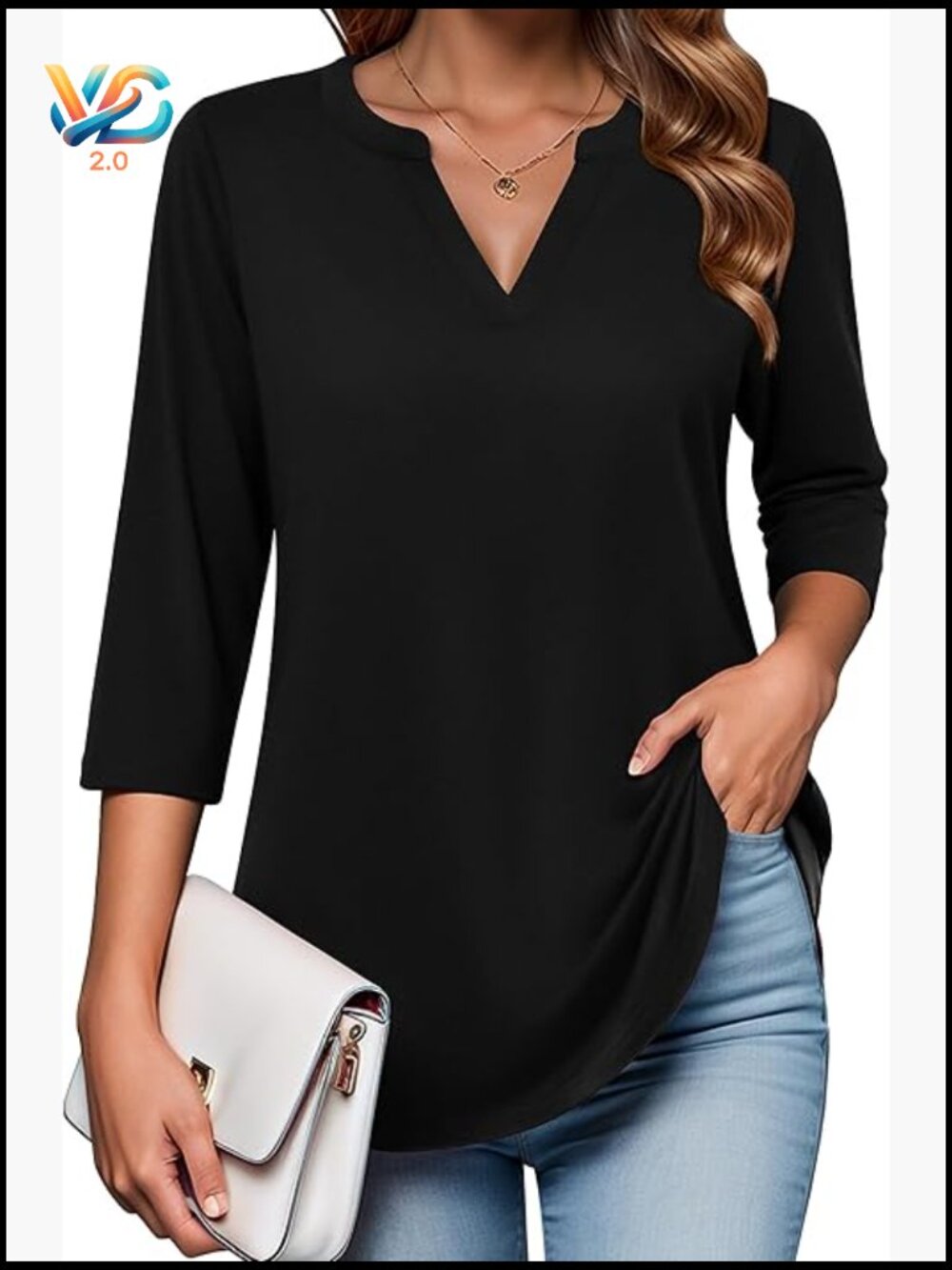 3/4 Sleeve V Neck Tunic Top Dressy Casual Blouse Flowy Peasant Shirt
